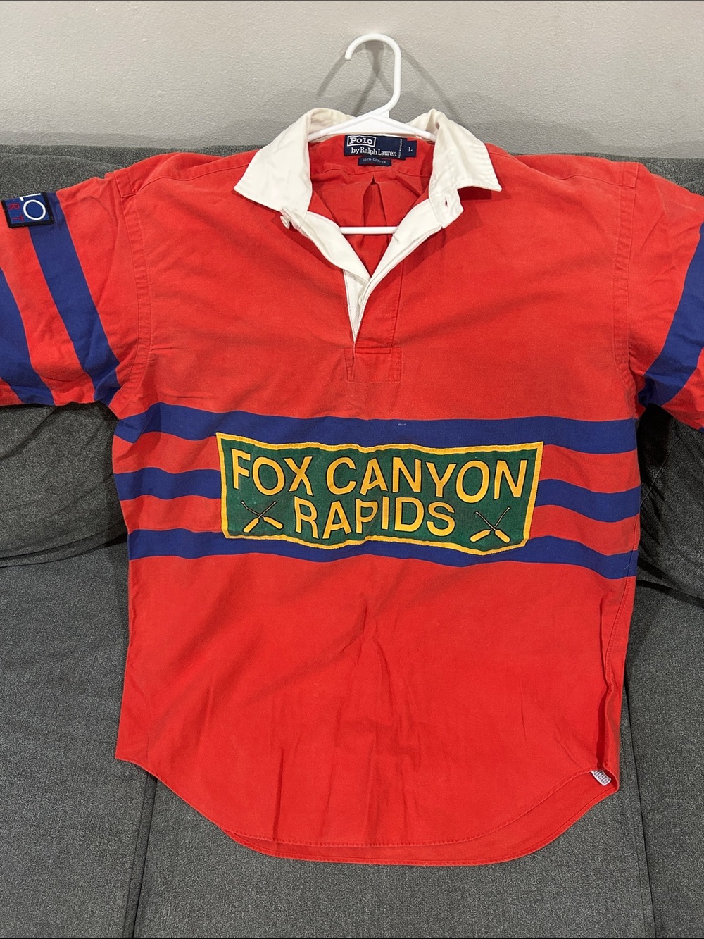 Polo by Ralph Lauren Red Rugby Shirt with Blue Stripes and White Collar